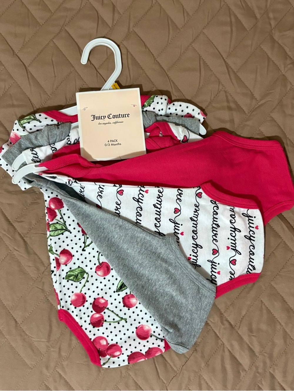 Juicy Couture Baby Girls 4-Pack Bodysuits - Hot Pink, Gray, White, Cherry Print